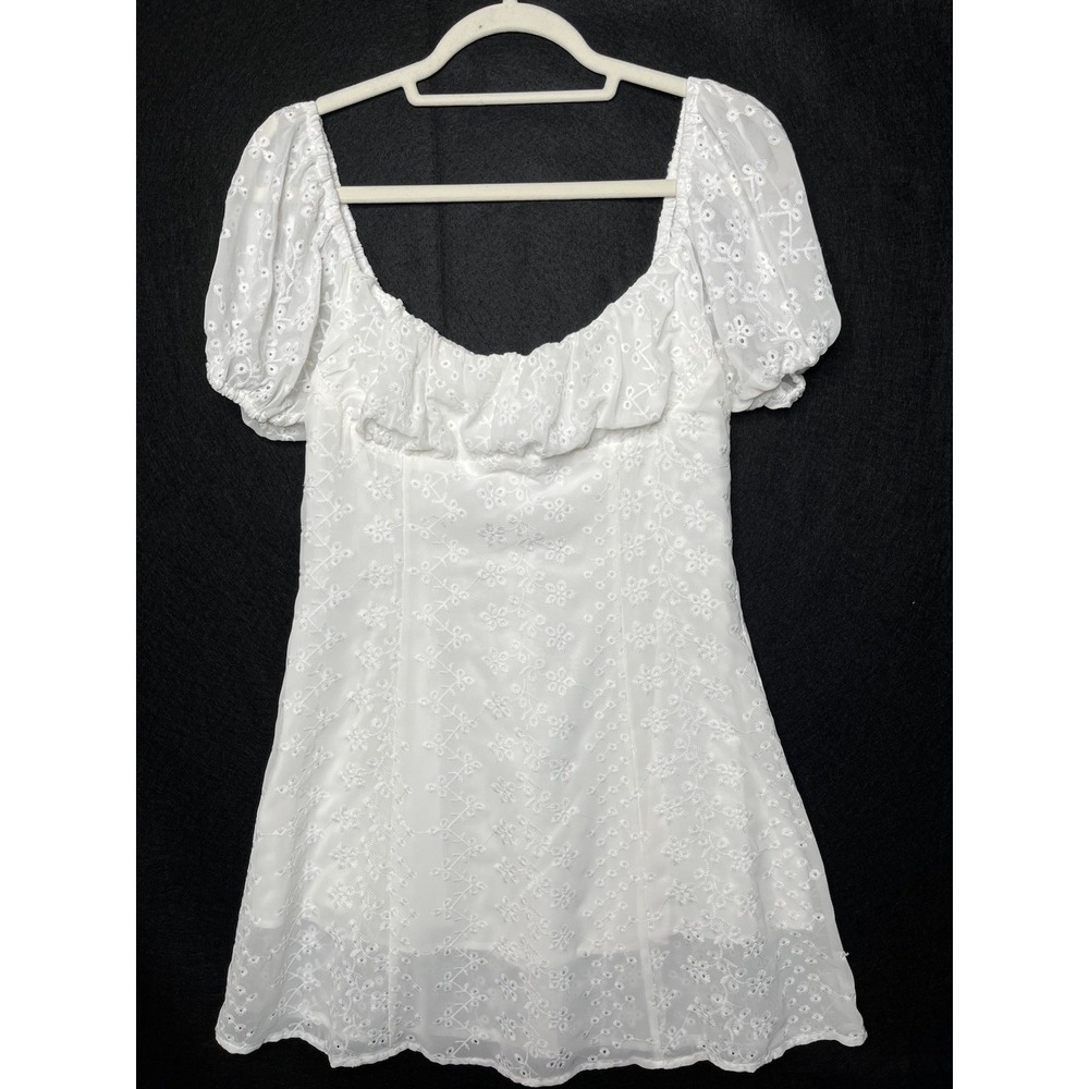 All In Favor M Milkmaid Eyelet Mini Babydoll White Dress Balloon Sleeve